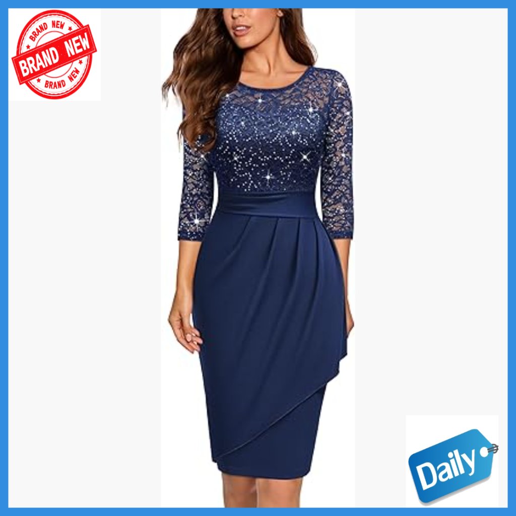 Glitter Sequin Lace Cocktail Dress Scoop Neck 3/4 Sleeve Above Knee